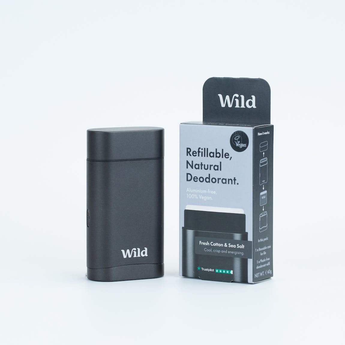 Wild Men's Black case and Fresh Cotton and Sea Salt Deodorant Refill