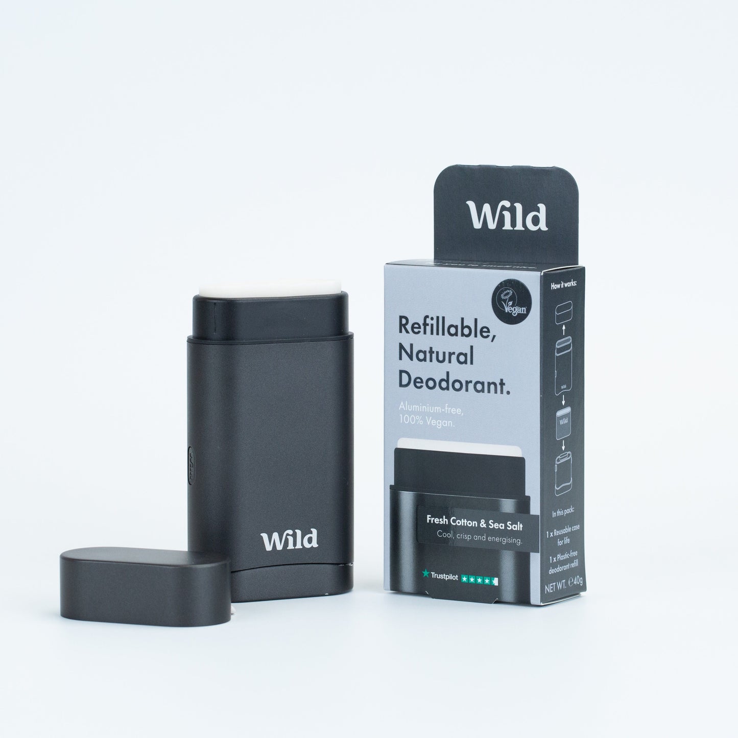 Wild Men's Black case and Fresh Cotton and Sea Salt Deodorant Refill